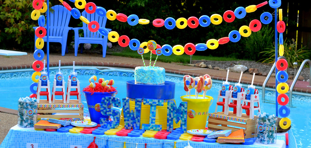 Birthday party at the pool, with some balloons